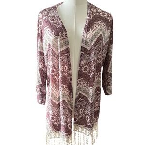 Vanity Womens S Burgundy Paisley Chevron Open Front Cardigan Fringe Lace Trim